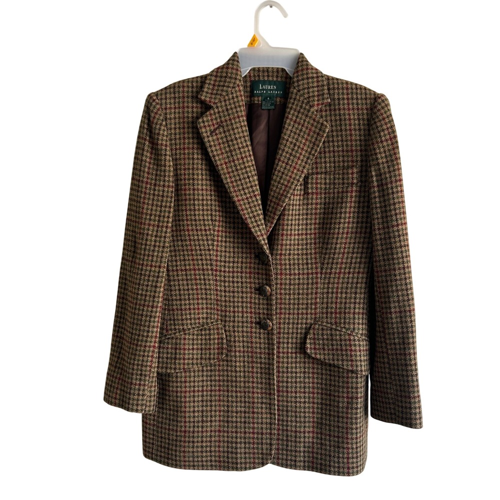 Vtg Lauren Ralph Lauren Wool Houndstooth Tweed Blazer Equestrian Crest Buttons